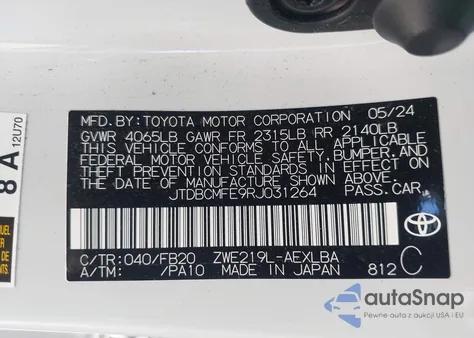2024 Toyota Corolla Hybrid Le from USA, damaged, VIN JTDBCMFE9RJ031264